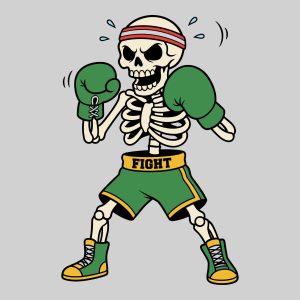 Skeleton boxer svg showing a cartoon skeleton wearing a red and white headband, green boxing gloves, and green shorts with the word FIGHT.