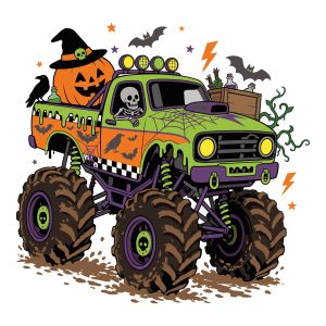 A spooky Halloween monster truck driven by a skeleton, carrying a large carved pumpkin with a witch hat in the back, surrounded by bats, potions, and spiderwebs.