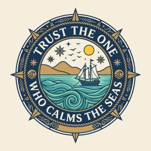 Vintage nautical compass illustration featuring a sailing ship, ocean waves, and the quote Trust The One Who Calms The Seas.