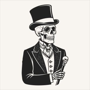 Black and white vector line art illustration of a vintage gentleman skeleton wearing a top hat, monocle, and formal suit, holding a cane.