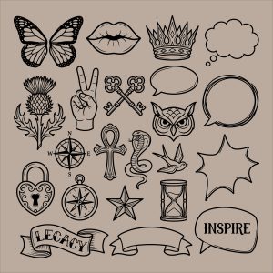 Vintage traditional tattoo flash elements bundle featuring line art owl, snake, butterfly, crown, hourglass, and compass designs on a solid background.