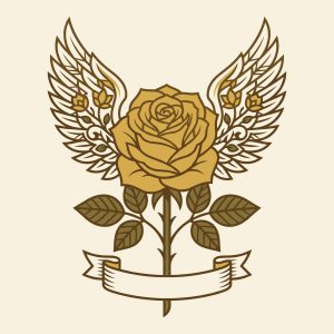 Vintage golden rose with angel wings and a blank ribbon banner vector illustration