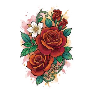Traditional tattoo style vintage red rose vector design featuring a detailed skeleton key and bright watercolor background splashes