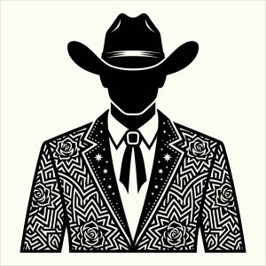 Black and white silhouette vector of a faceless cowboy wearing a classic hat and an intricately patterned floral western suit.