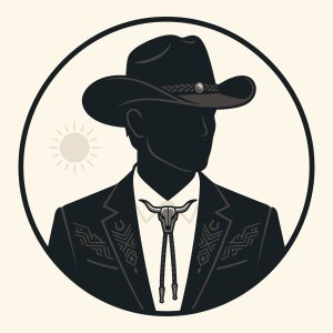 Flat vector illustration of a western cowboy silhouette wearing a traditional hat, embroidered suit, and longhorn bolo tie.