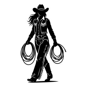 Black vector silhouette of a country cowgirl walking forward holding two lassos wearing a traditional western hat and fringed leather jacket.