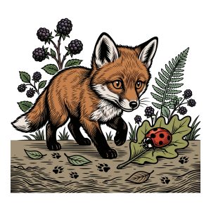 A detailed woodland fox vector illustration looking at a ladybug on an oak leaf surrounded by blackberries and ferns