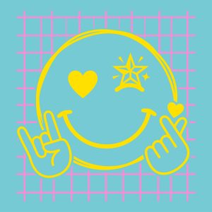 Y2K retro yellow smiley face vector with a star eye, heart eye, rock on hand, and finger heart gesture on a pink grid background.